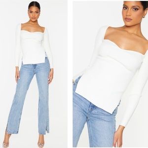 Sweetheart Neckline White Ribbed Sweater Feminine Sexy Scoop Neck Size Large